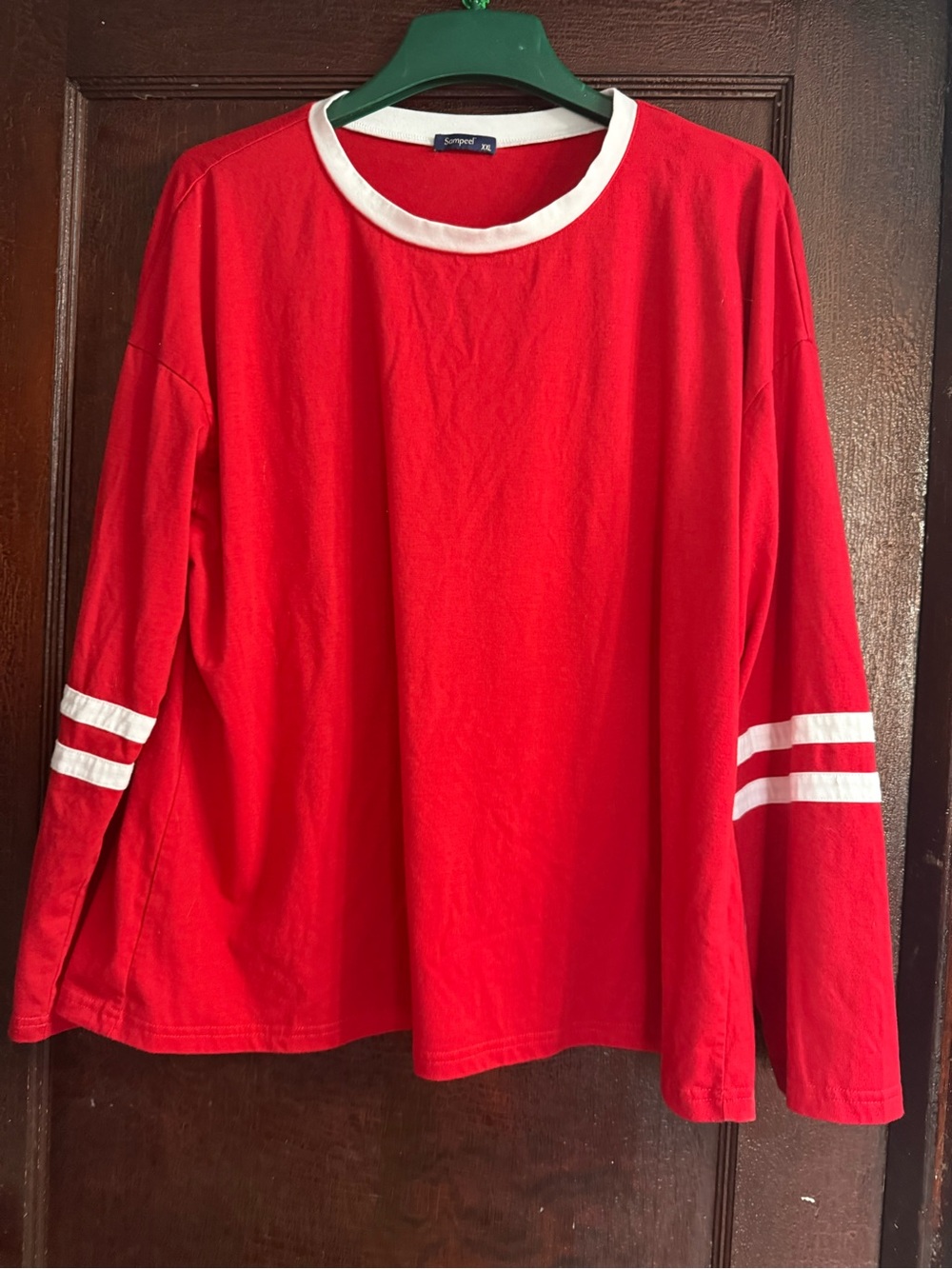 Women’s Red Long-Sleeve Tee with White Trim - Casual Sporty Style